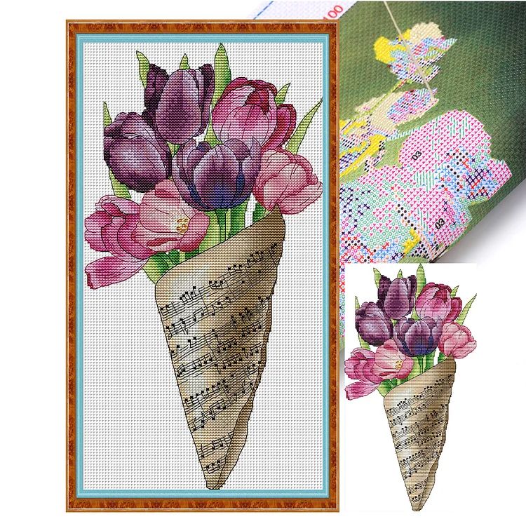 Joy Sunday Flower Music Notes Bouquet - Tulips 14CT Stamped Cross Stitch 21*38CM