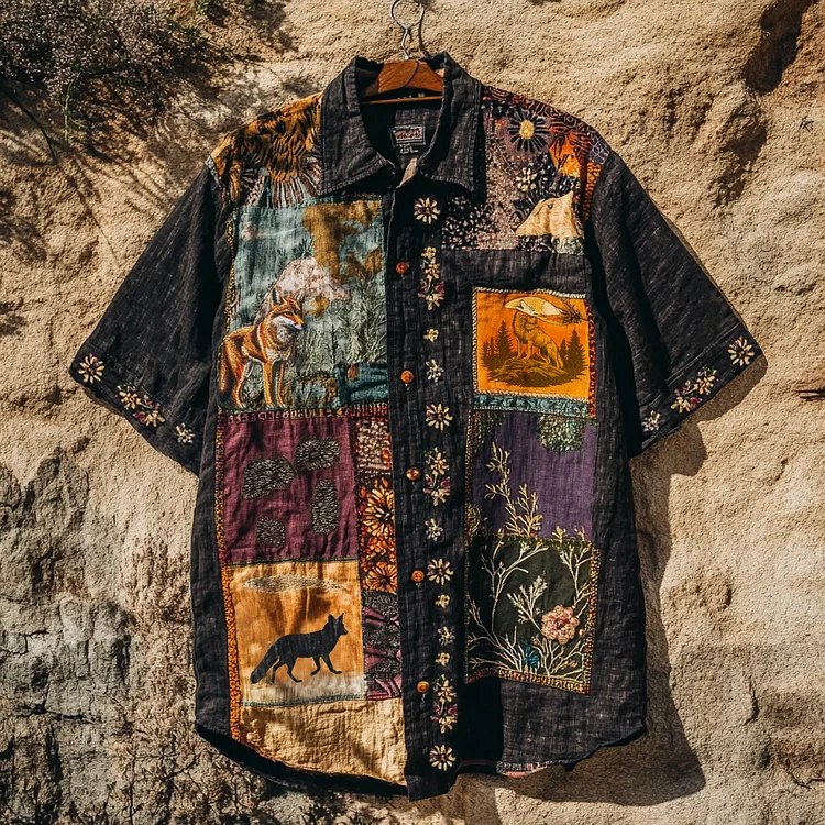 Men's Retro Fox Patchwork Contrast Color Support Our National Parks Art Linen Casual Shirt