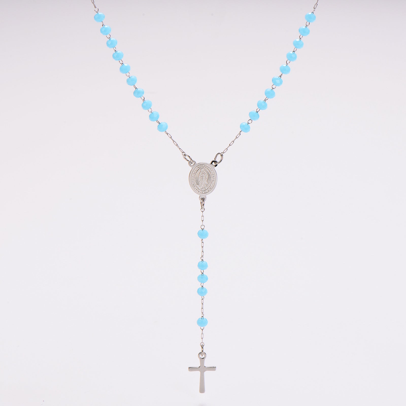 Aml Dopamine Color Crystal Beads Double-Sided Catholic Saint Benedict Portrait + Holy Medal Stainless Steel Long Necklace