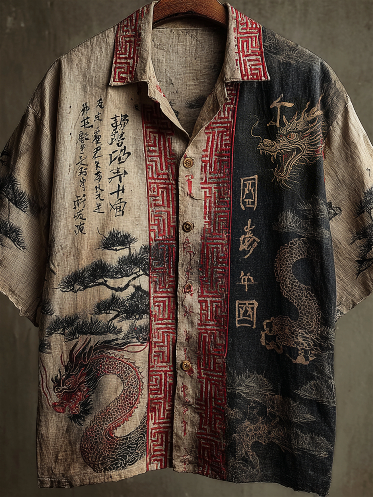 Men's Japanese Dragons & Pine Trees Calligraphy Contrast Linen Shirt  artssus
