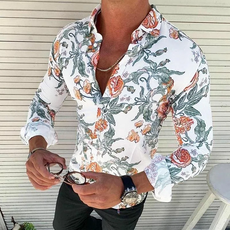 Men's Retro Slim Floral Lapel Shirt