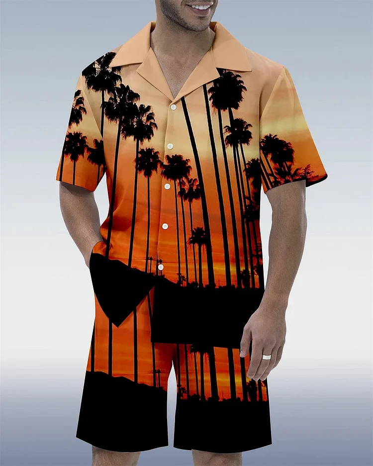 Men's Casual Vacation Hawaiian Coconut Sunset Print Cuban Collar Short Sleeve Shirt Set at Hiphopee