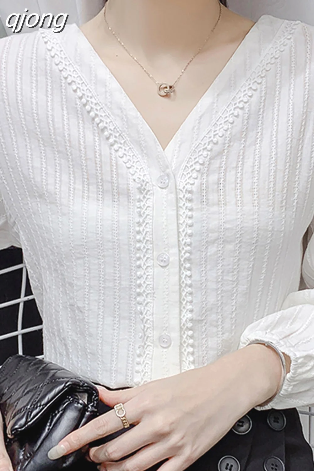 qjong Women V-Neck White Blouse Shirt Women Tops Long Sleeve Blouse Women Blusas Mujer De Moda 2023 Blouses Femme Shirts F104