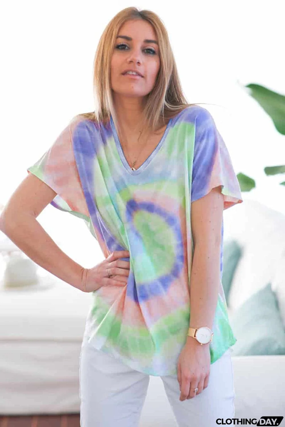 Tie-dye Short Sleeve V Neck T-Shirt