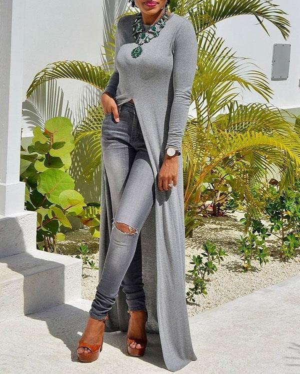 Fashion High Split Solid Color Long Sleeve T-Shirt  Dress