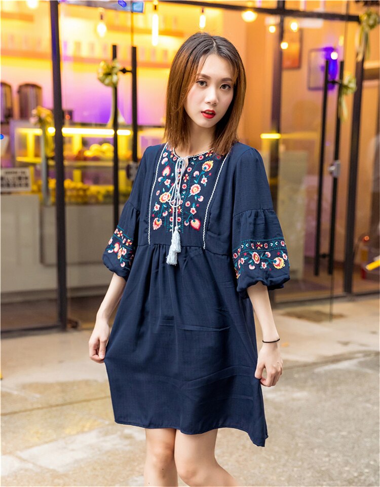 Women Vintage Floral Embroidery Dresses Bow Tie Lantern Long Sleeve Casual Loose Pleated Dresses