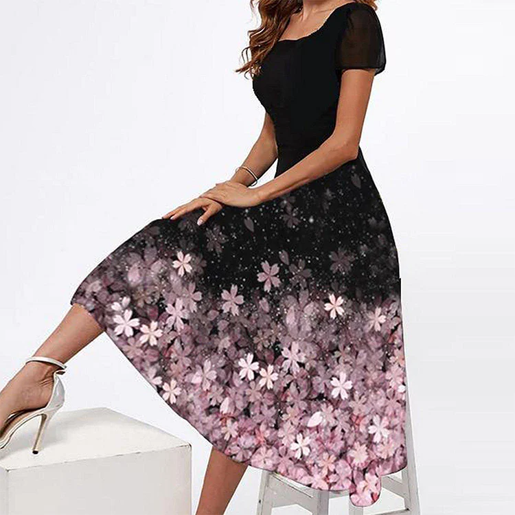 Vintage Floral Print Fashion Square Neck Short Sleeve A-Line Party Elegance Midi Dress