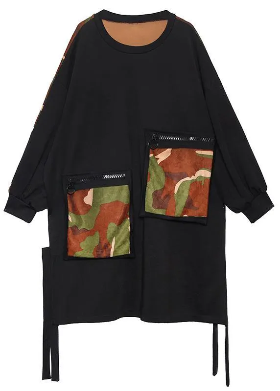 Elegant pockets side open Cotton dresses Shirts black patchwork camouflage Dresses
