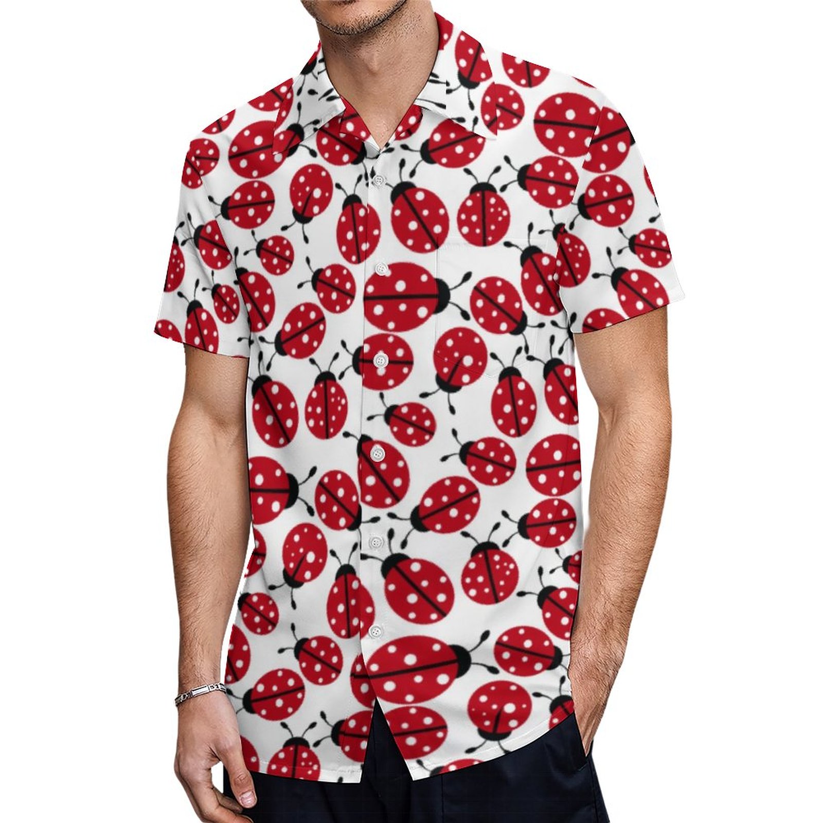 Cute Red Ladybugs Pattern Hawaiian Shirt Mens Button Down Plus Size Tropical Hawaii Beach Shirts