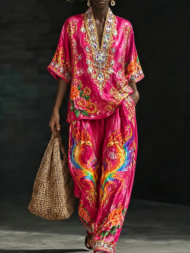 Women's Pink Phoenix Print 2-Piece Lounge Set &ndash; Bohemian V-Neck Tunic & Wide Leg Pants Resort Wear