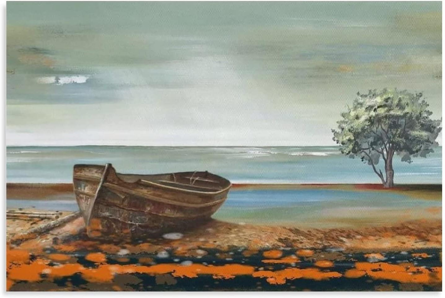 Abstract Beach Wall Art Vintage Brown Boat by Blue Sea Canvas Pictures for Living Room Decorations- Canvas Painting Wall Art Poster for Bedroom Living Room Decor 18x12inch(45x30cm) Unframe-Style
