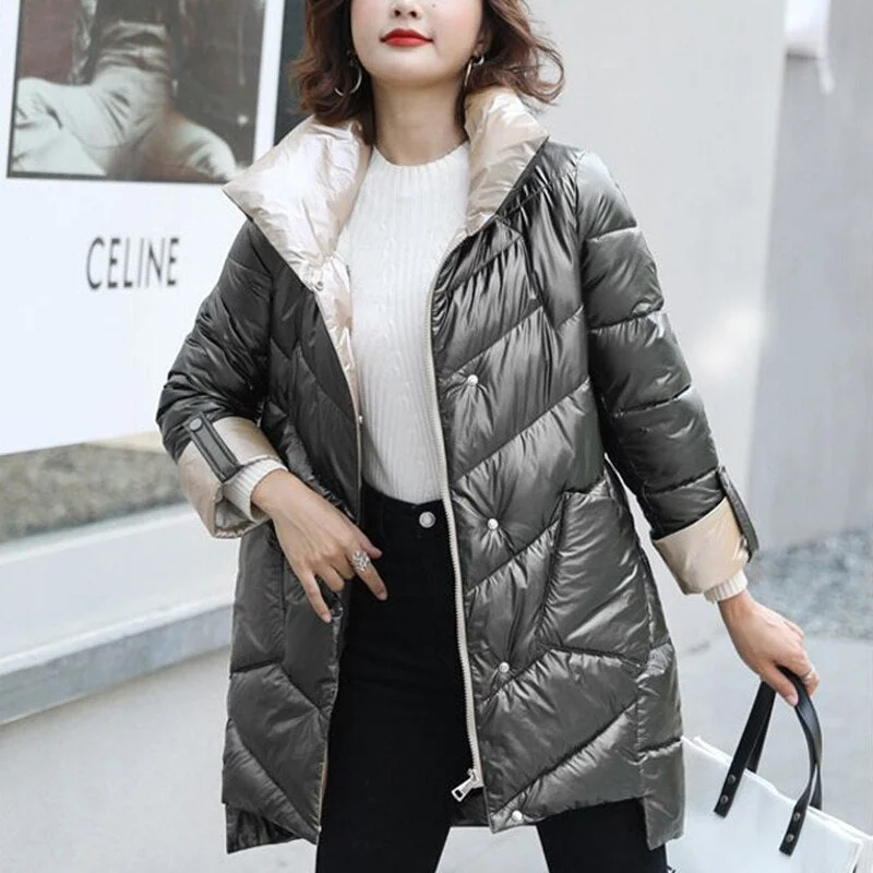 FTLZZ New Winter Women Long Parka Stand Collar Bright Color Windproof Loose Cotton Coat Fashion Streetwear Thick Warm Outwear