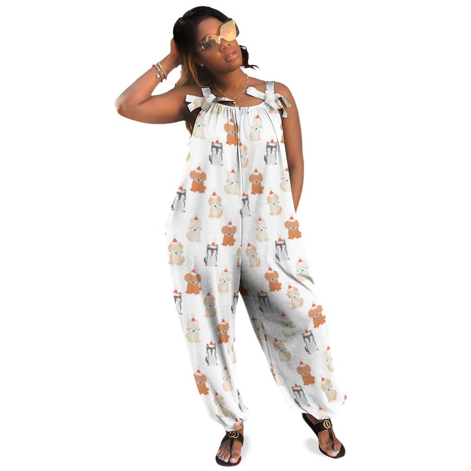 Puppy Dog With Santa Hat Pattern Holiday Boho Vintage Loose Overall Corset Jumpsuit Without Top