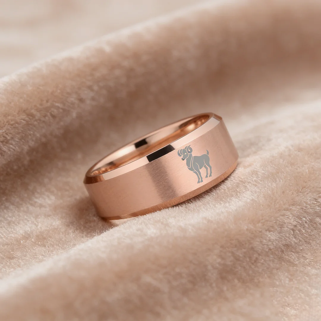Beveled Edges Laser Etched Tungsten Carbide Rings Rose Gold Aries Couple Wedding Bands 4MM 6MM 8MM