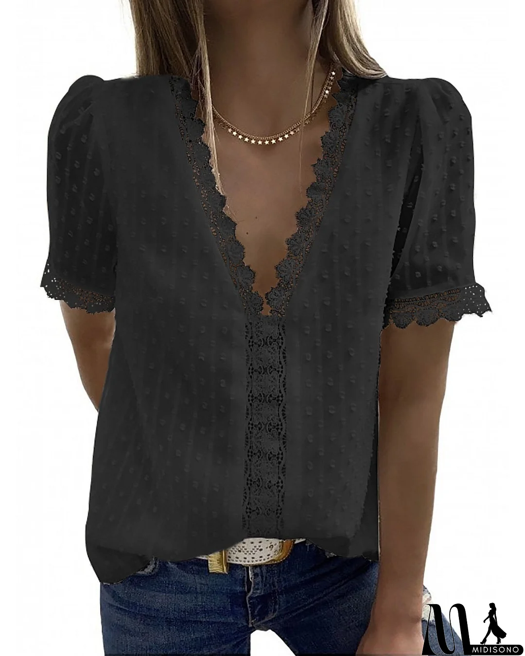 MidiSono - Women Solid Color V-neck Short Sleeved Chiffon Shirt Top