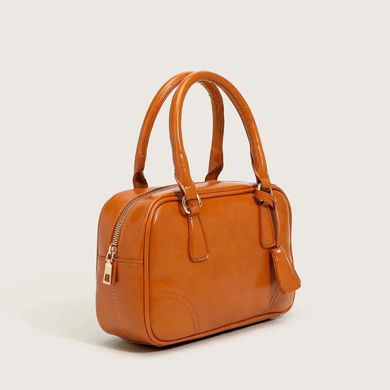 Simple Vintage Oil Wax Leather Handbag Joker Large Capacity Boston Bag Light Commuter Bag Women's Bag