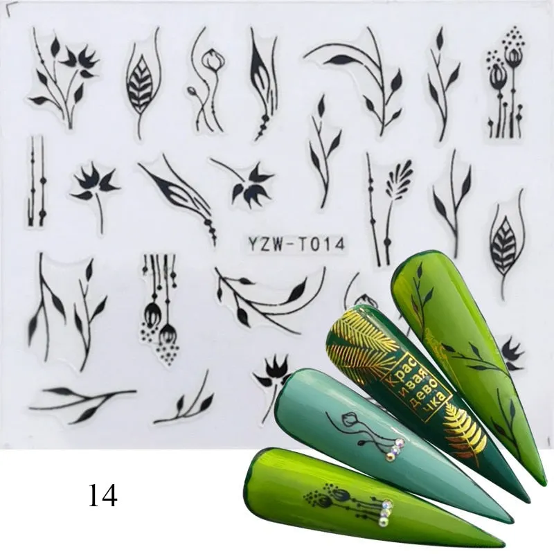 1 Sheet 3D Stickers For Nails Black Letter Leaf Flower Patterns Slider Nail Art Manicure Adhesive Tips Decals DIY Decorations-Nail Inspo