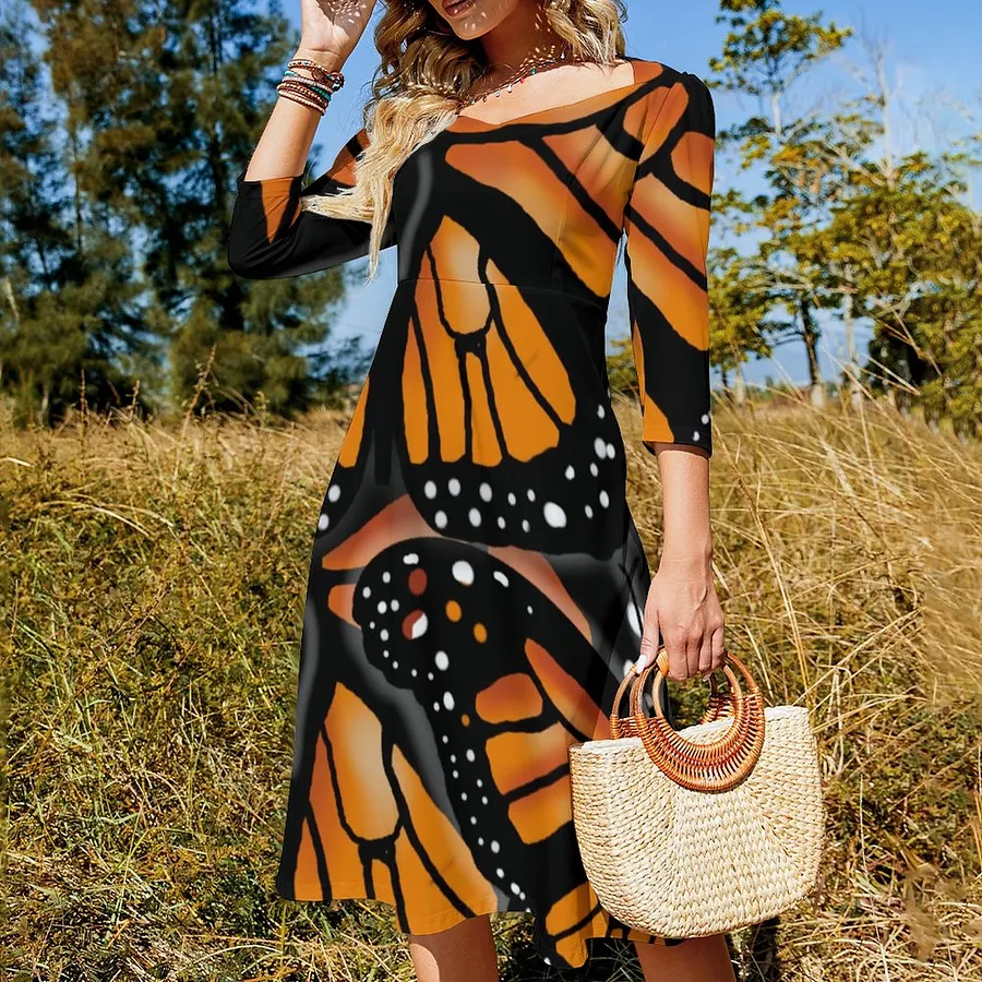 Monarch Butterfly Large Pattern by Slipperywindow Dress Sweetheart Tie Back Flared 3/4 Sleeve Midi Dresses Butterfly-5XL