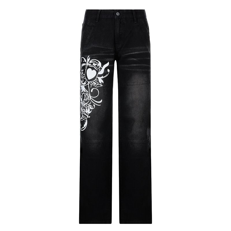 Street Washed Low Waist Printed Contrast Straight Jeans Trousers For Women