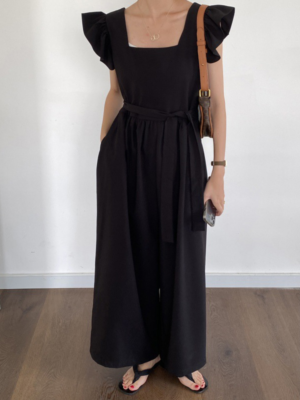 Square Neck Solid Color Wide Leg Jumpsuit