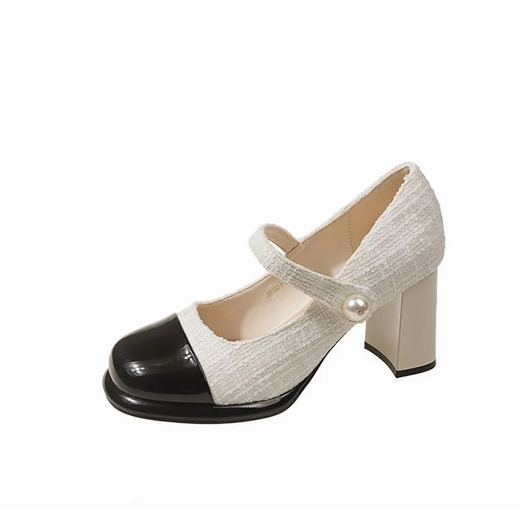 Wongn Wongn 2024 New Small Fragrant Wind Pearl Buckle Patent Leather Baotou Stitching Thick Heel Single Shoes High-Heeled Shoes Women's Shoes