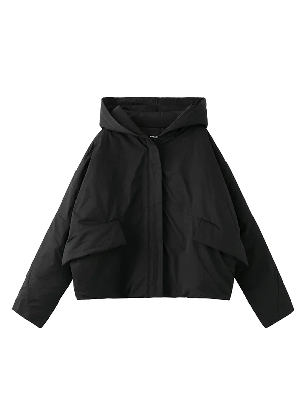 Simple Black Simple Solid Bat-Sleeve Cotton Outwear