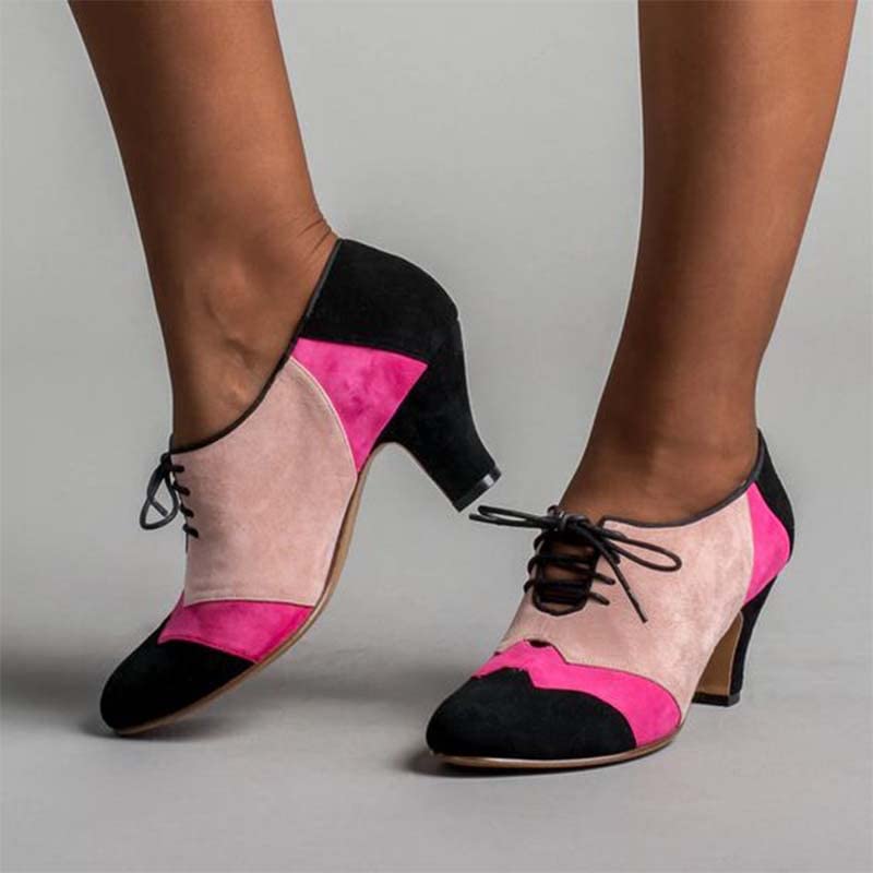 Pink & Black Faux Suede Pointed Lace-Up Oxford Shoes with Kitten Heel