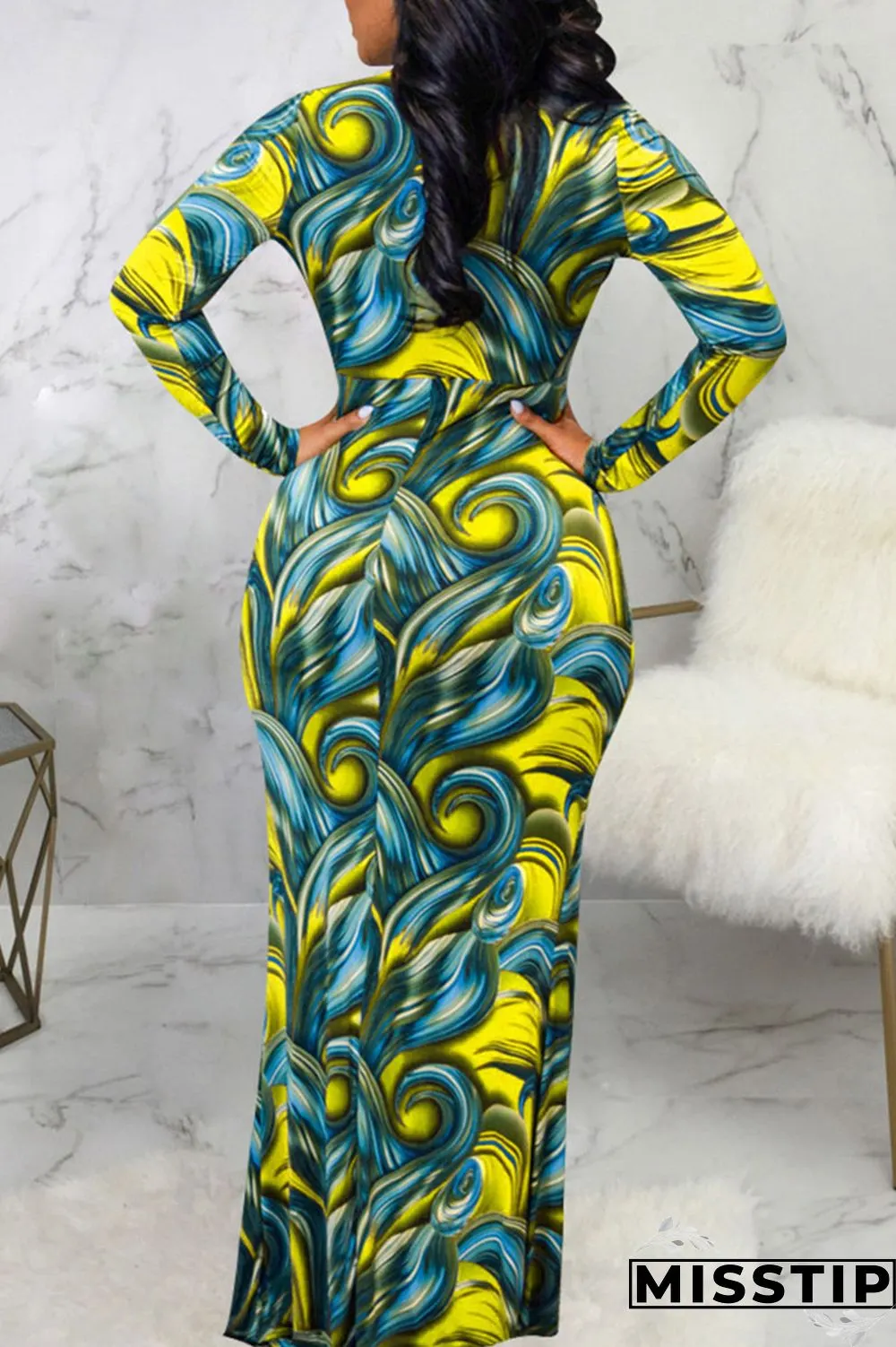Blue Sexy Print Patchwork V Neck Long Sleeve Dresses