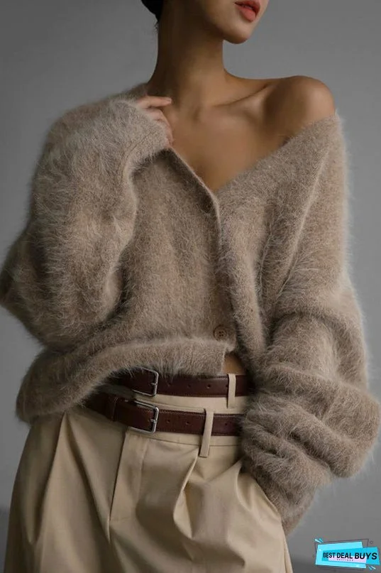 Solid Color Loose V-neck Long-sleeved Lazy Knitted Cardigan