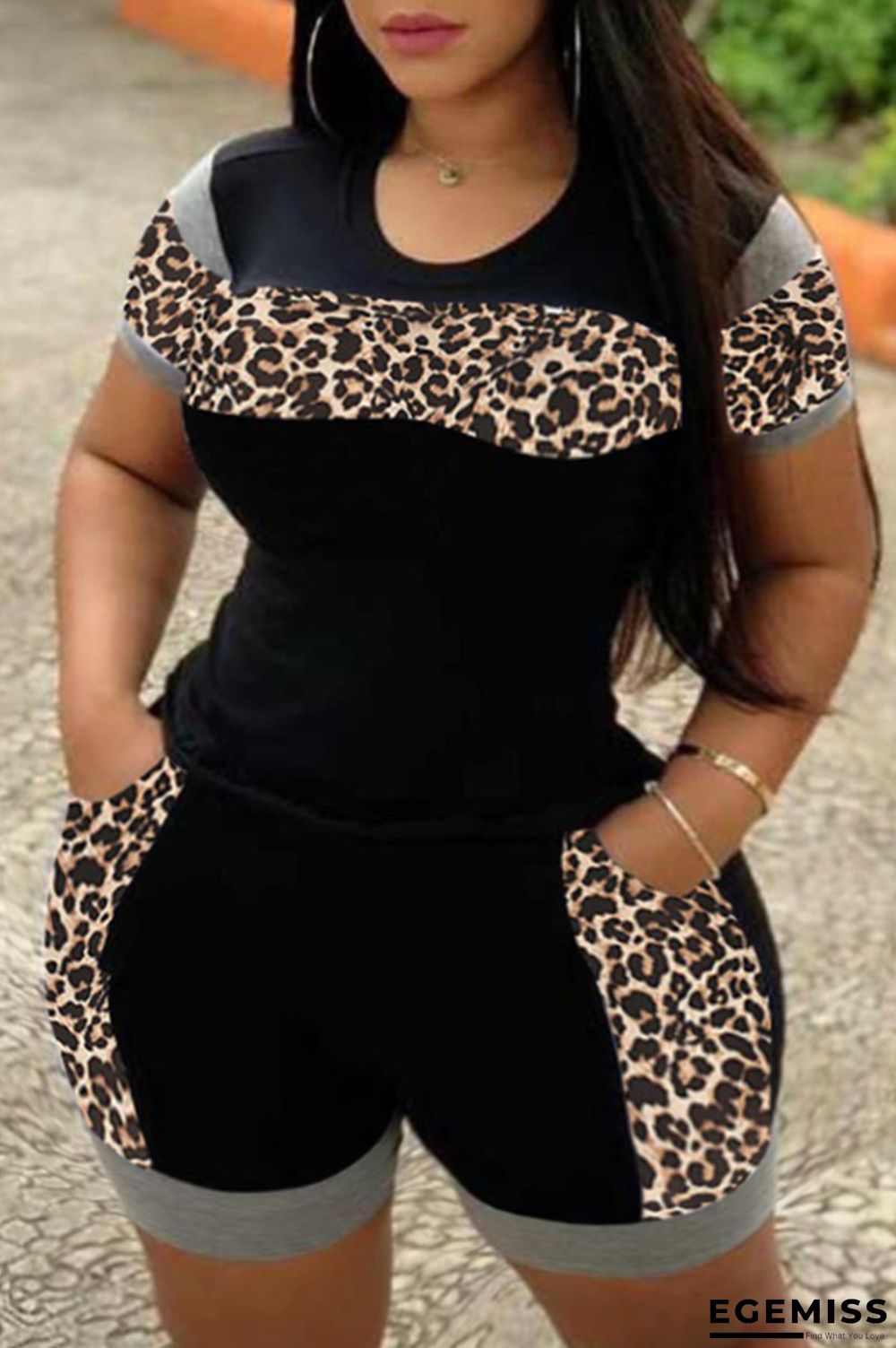 Black Fashion Casual Print Patchwork O Neck Plus Size Two Pieces | EGEMISS