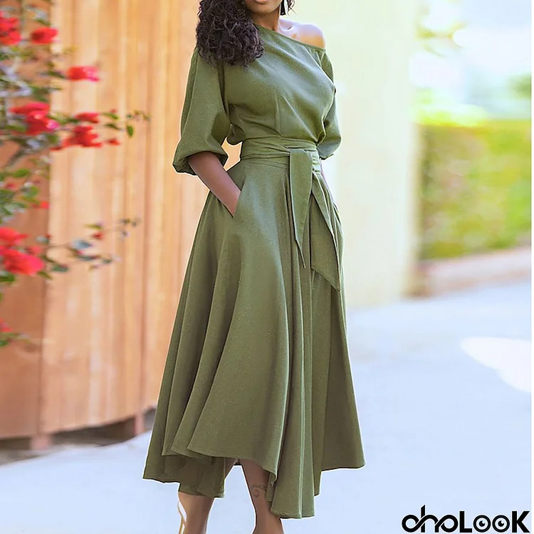 Women Casual Fashion Slant Shoulder Solid Color Large Swing Dress