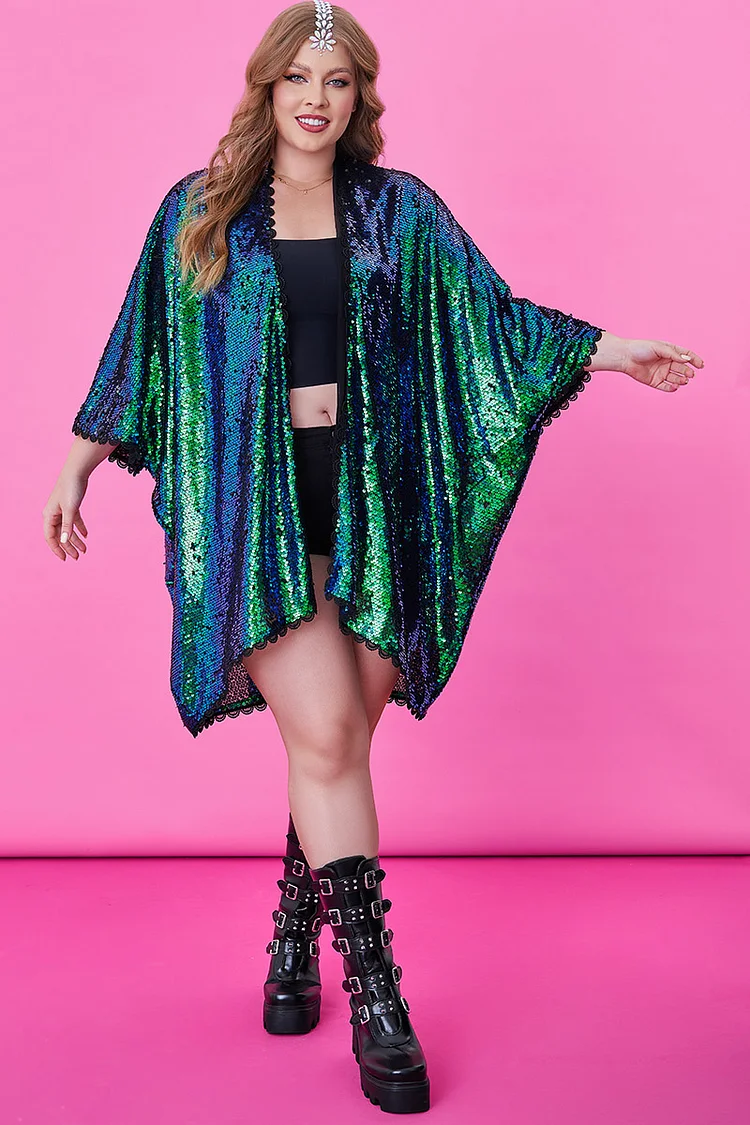Xpluswear Design Plus Size Green Party Peacock Sequin Lace kimono Cardigans