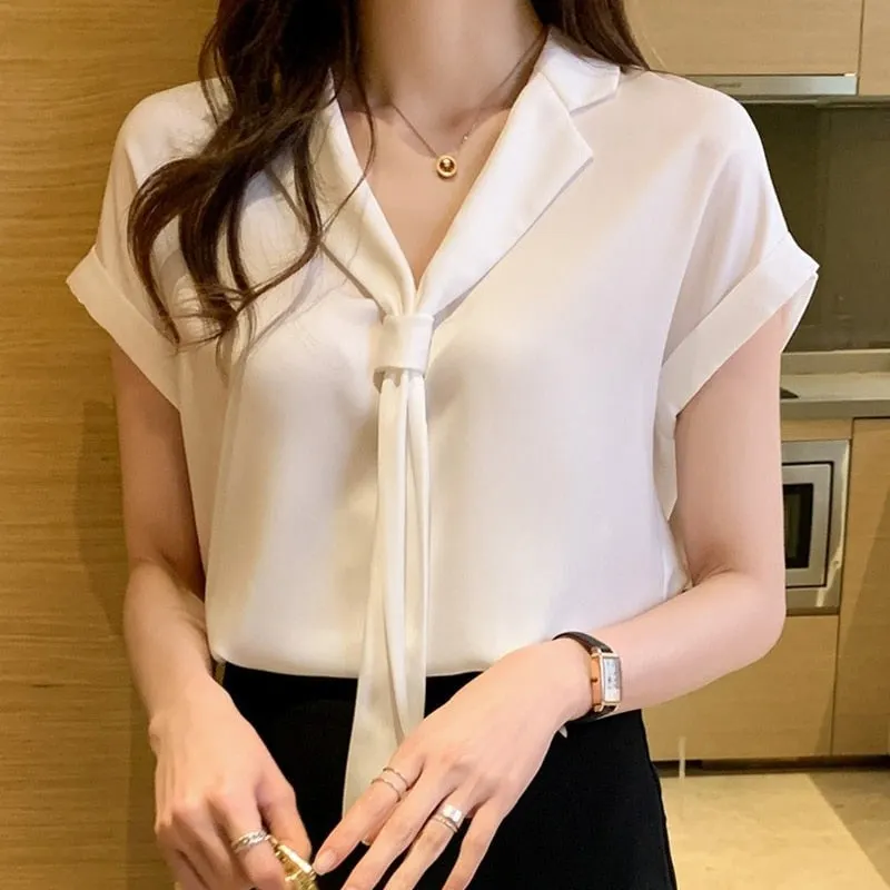 2021 Summer Short Sleeve Chiffon Shirt Women V-neck Tie Solid Loose White Blouses And Shirts Korean Plus Size Women Tops 13926