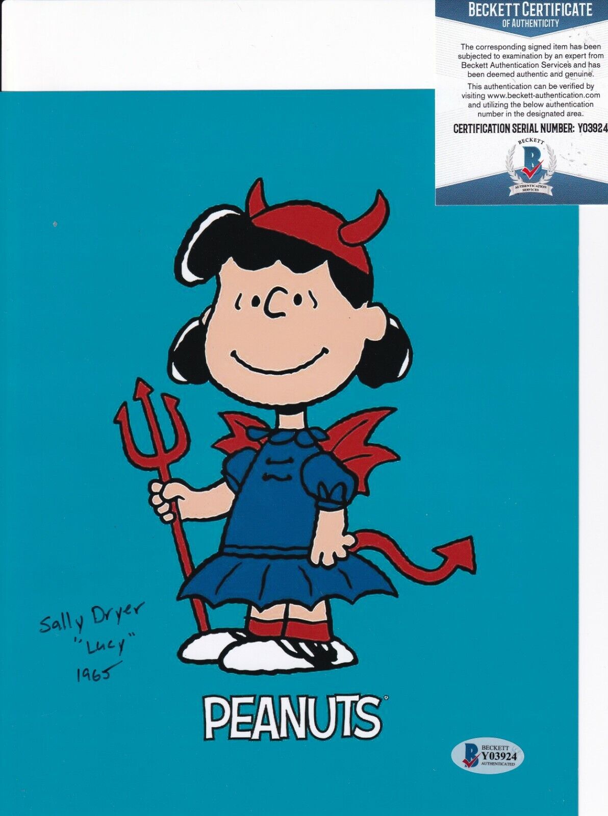 SALLY DRYER signed (PEANUTS CHARLIE BROWN) Lucy 8X10 Photo Poster painting BECKETT BAS Y03924