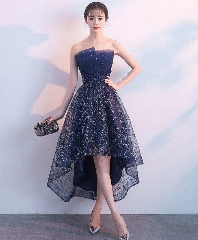 Dark Blue Tulle Sequin High Low Prom Dress, Blue Evening Dress