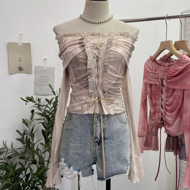 Uveng Vintage Dizzying Rope Tie To Close The Waist Umbilked Short Shoulder Horn Horn Long-Sleeved Top 2592