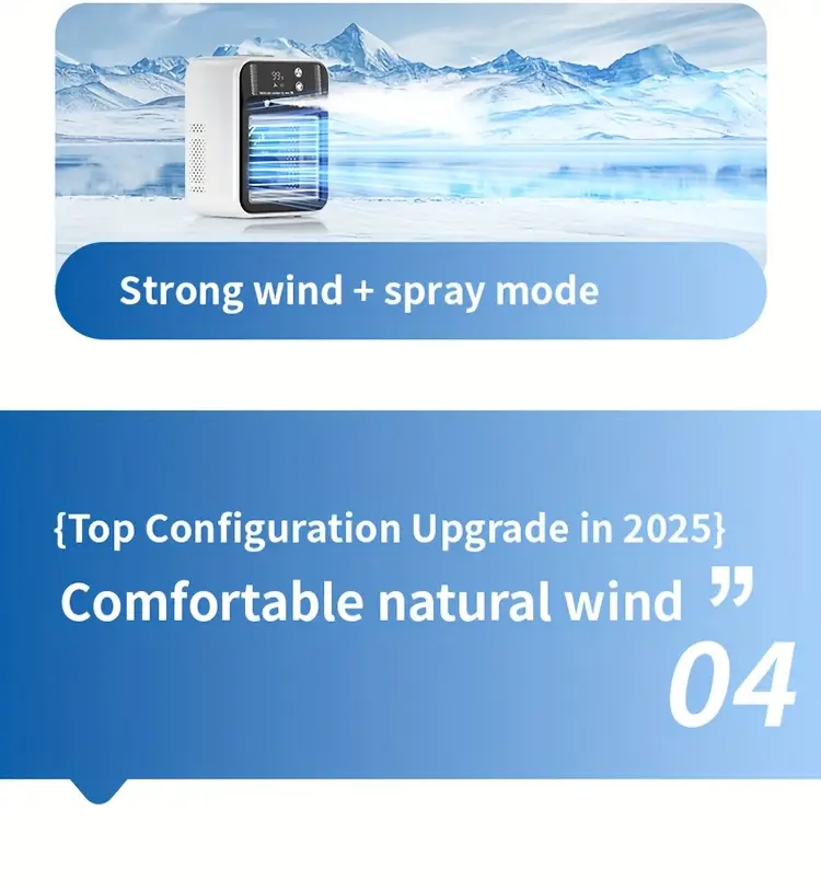 2025 new cooled fan with ice cooling portable desktop spray humidifier rechargeable or usb powered 2 battery capacity 3000mah square shape 36v or below no portable air cooler modern aesthetic durable build quality portable air cooler Product details 9