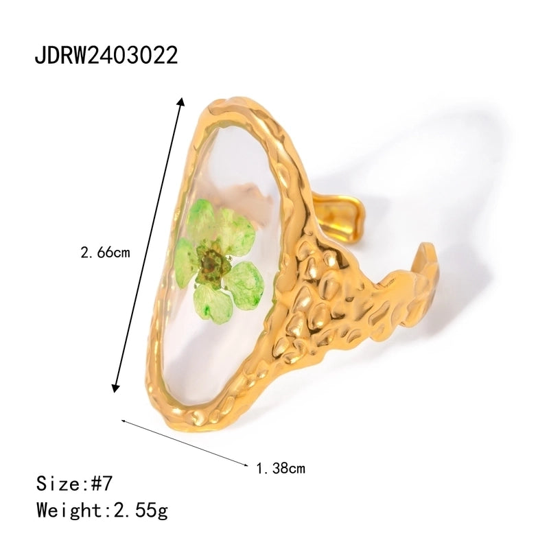 Sweet Artistic Four Leaf Clover Oval Flower 304 Stainless Steel 18K Gold Plated Rings