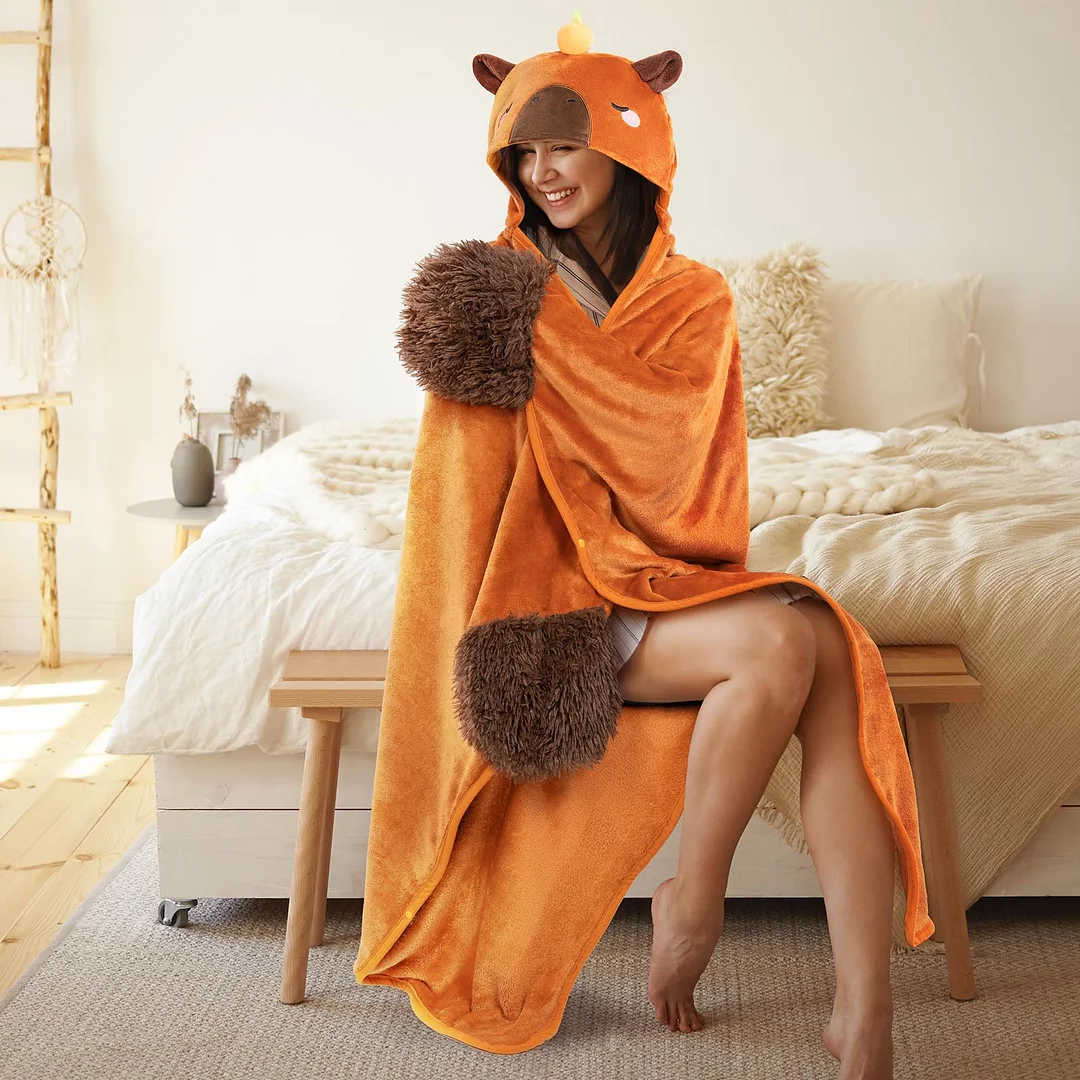 Mewaii® Tangerine Capybara Costume Wearable Blanket Hoodie Oversized Flannel Sweatshirt Blanket Warm & Cozy Hooded Blanket For Gifts 51 inches