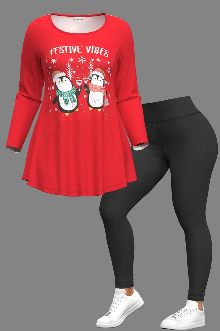 Flycurvy Plus Size Christmas Red Penguin Snowflake Print Long Sleeve Two Piece Pant Set  Flycurvy [product_label]