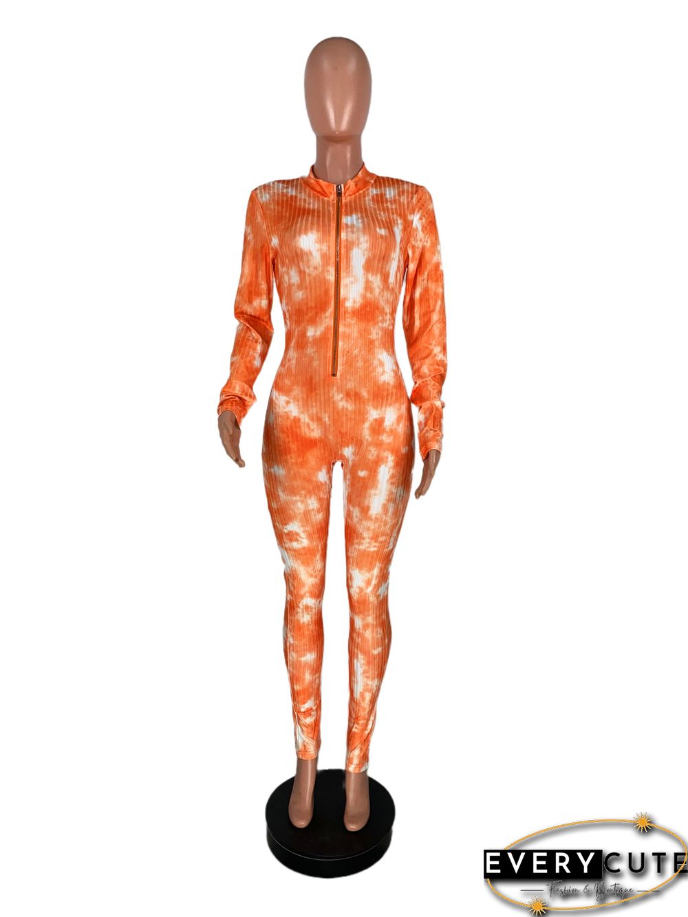 High Neck Tie-dye Zipper Slim Fit Fitness Jumpsuit