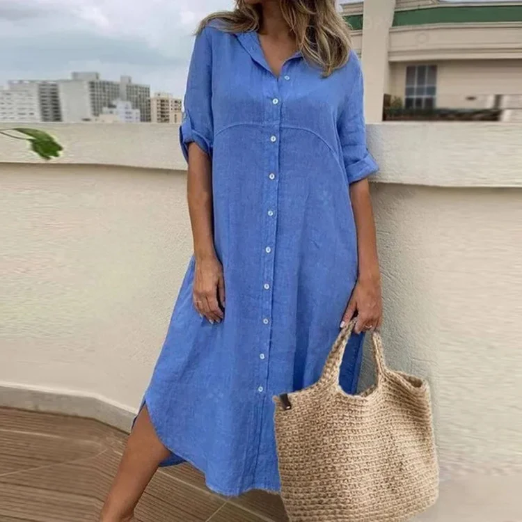 Three-Quarter Sleeve Dress Casual Long Skirt VangoghDress