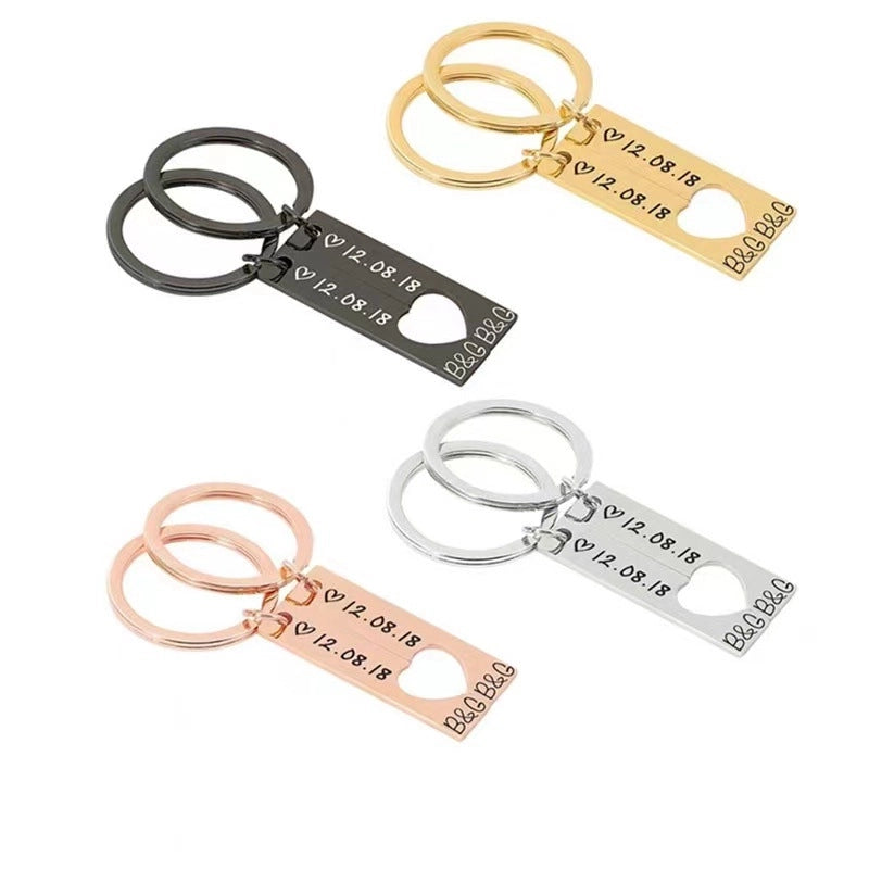 Hot Selling Stainless Steel Strip Heart-Matching Personality Simple Couple Keychain Engraved Date Factory In Stock