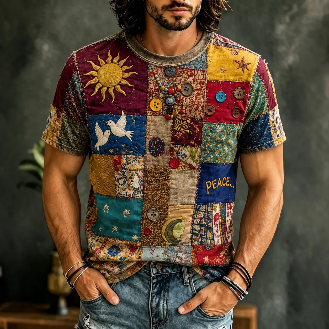 Comstylish Men's Retro Hippie Pattern Art Casual Short-sleeve T-shirt