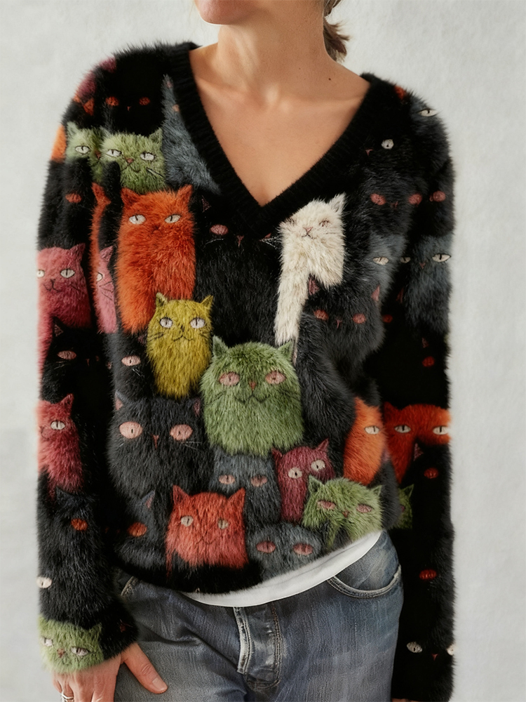Cute Colorful Cats Pattern V Neck Cozy Plush Sweater elevenforest