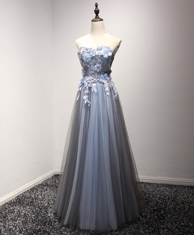 Gray Sweetheart Neck Tulle Long Prom Dress, Formal Dress