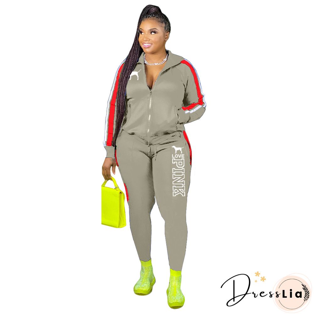 Plus Size Zipper Jacket Tops Sporty Pants Two Piece Set