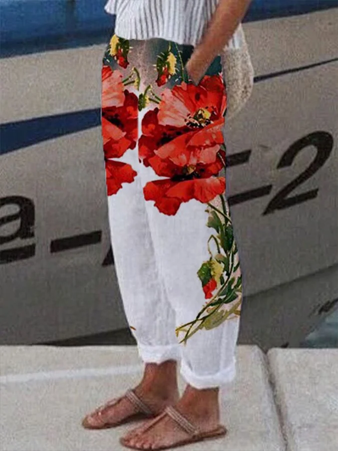Women's Cotton Linen Floral Print Casual Pants
