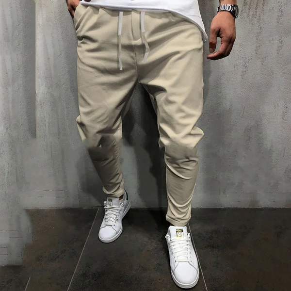 BrosWear Casaul Solid Color Paneled Side Pockets Self-tie Pants khaki