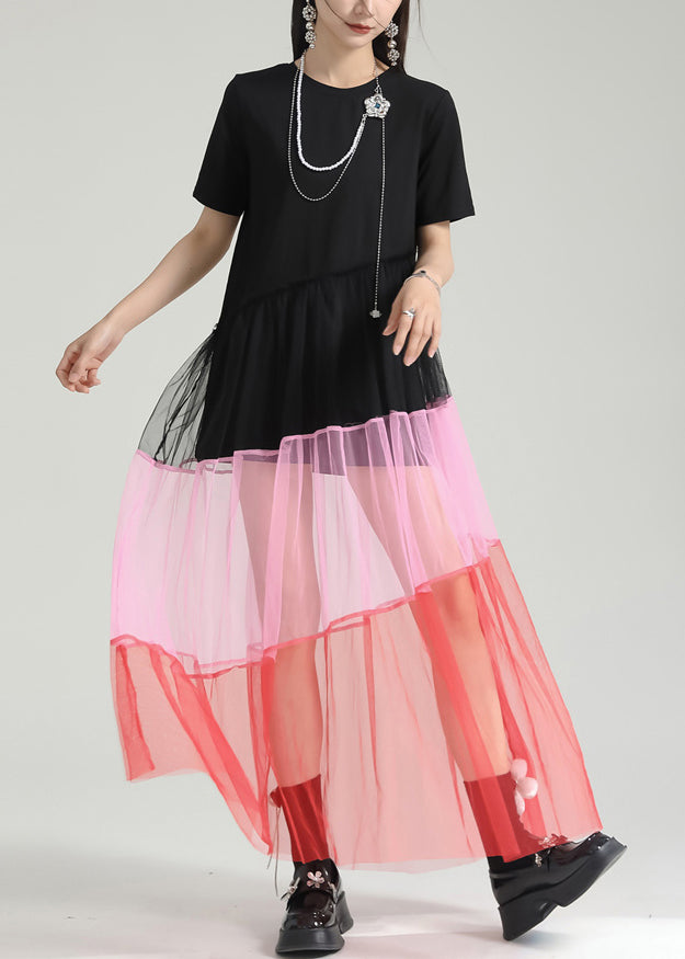 VCSHOES Colorblock O Neck Wrinkled Patchwork Tulle Dresses Summer